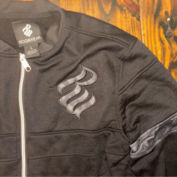 Rocawear Mens Black Track Jacket Camo Logo Full Zip Bomber Streetwear Large - Picture 1 of 13